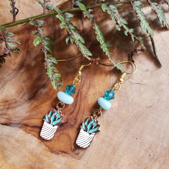 House Plant x Amazonite Stones x Aqua Blue Glass Crystal Dangling Earrings - Picture 2 of 2